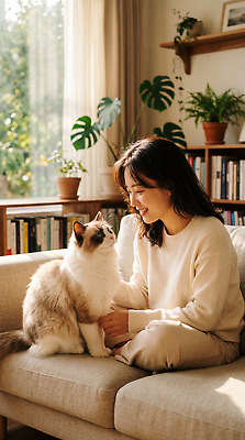 JPG 식물 편집이미지 여자 감정 책장 따뜻함 미소 웃음 일상 반려동물 소파 고양이 방 순간 의료성형뷰티 반려묘 냥집사 랙돌 편집실사 AI인물포토 AI콘텐츠 동물 가구 의자 포유류 표정 사람 라이프 CG 합성어 파일형식 AI포토 생활용품 생활 신조어 오브젝트 유행어 유행