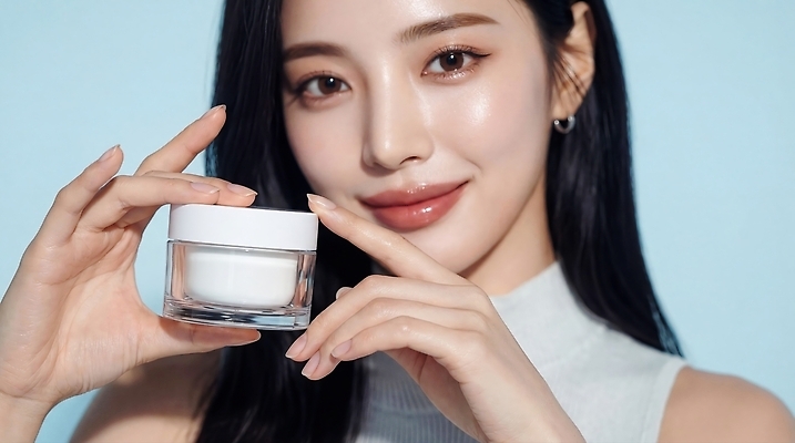 JPG 편집이미지 손 여자 얼굴 한명 미소 화장 화장품 용기 투명 상품 피부 피부관리 스킨케어 의료성형뷰티 편집실사 AI인물포토 AI콘텐츠 1 그릇 표정 사람 신체부위 뷰티 CG 파일형식 AI포토 식기