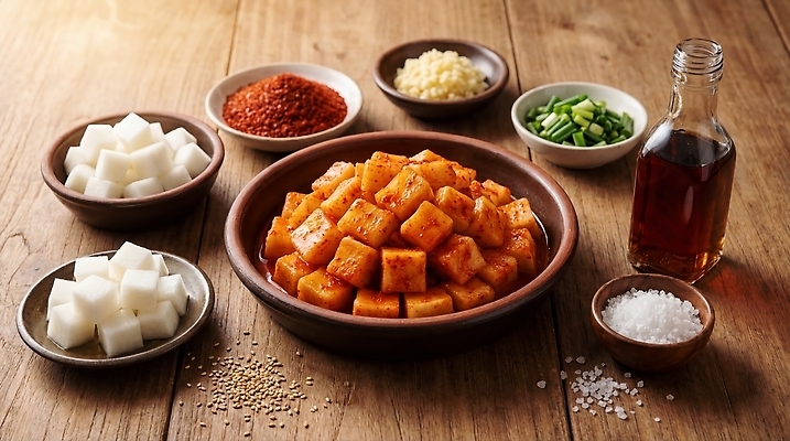 JPG 편집이미지 한식 재료 한국 양념 무 깍두기 준비 소금 파 고춧가루 다진마늘 참기름 편집실사 AI포토 AI콘텐츠 아시아 음식 채소 김치 뿌리채소 기름 가루 CG 파일형식 나라