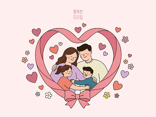 여자 남자 꽃 행복 리본 어린이 일러스트 가족 포옹 함께함 따뜻함 사랑 웃음 성인 부모 자녀 하트 국내일러스트 AI파일 모양 식물 감정 컨셉 관계 안기 표정 사람 파일형식 벡터