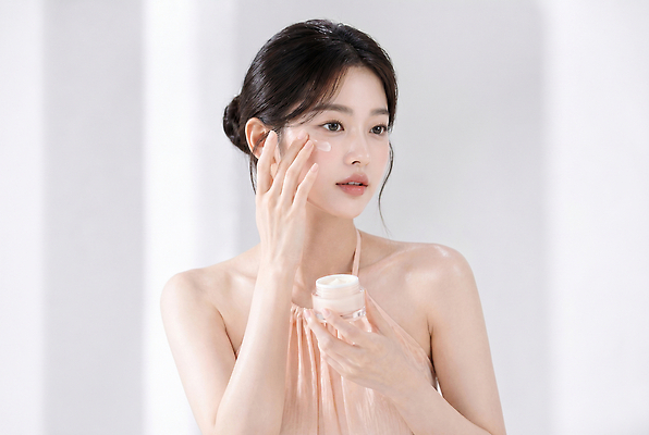 JPG 편집이미지 여자 얼굴 통 관리 성인 화장 뷰티 깨끗함 화장품 피부 크림 피부관리 부드러움 스킨케어 의료성형뷰티 편집실사 AI인물포토 AI콘텐츠 컨셉 사람 신체부위 감각 CG 파일형식 AI포토
