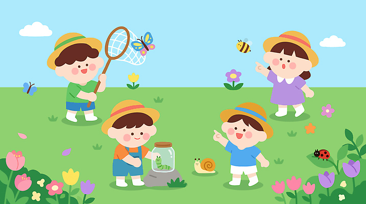 꽃 어린이 나비 곤충 일러스트 자연 친구 정원 관찰 잡기 체험학습 체험 벌 즐거움 곤충채집 자연학습 국내일러스트 AI파일 식물 동물 감정 컨셉 관계 모션 사람 수집 생태계 파일형식 벡터