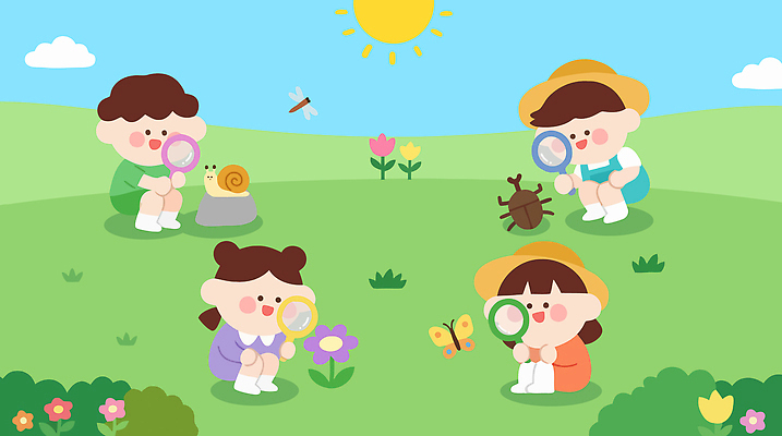 식물 꽃 어린이 나비 곤충 일러스트 자연 놀이 생물 잔디 친구 소풍 관찰 체험학습 체험 호기심 자연학습 국내일러스트 AI파일 동물 감정 컨셉 관계 모션 사람 야외활동 생태계 파일형식 벡터