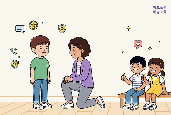 교육 어린이 벤치 일러스트 교실 대화 안전 성인 친구 학습 보호 소통 예방교육 학교폭력 국내일러스트 AI파일 컨셉 의자 학교 관계 말하기 사람 폭력 파일형식 벡터