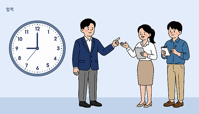 여자 남자 시계 상의 일러스트 손가락 회의 협력 직장 관리 대화 정보 업무 계획 집중 직원 의사소통 국내일러스트 AI파일 손 옷 컨셉 회사 비즈니스 말하기 사람 작업 파일형식 벡터