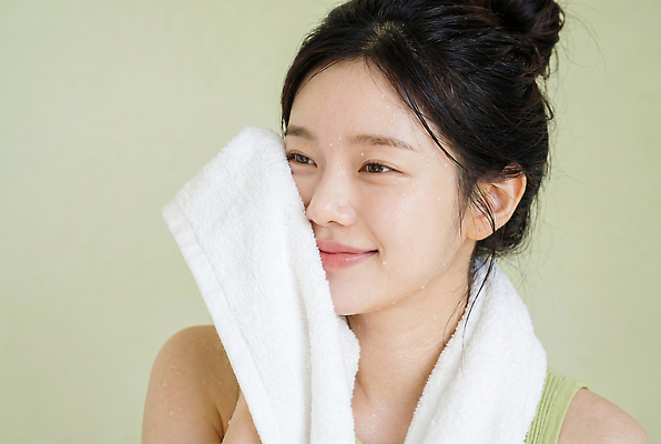 JPG 편집이미지 여자 얼굴 건강 성인 생활 초록색 수건 뷰티 피부 피부관리 닦기 스킨케어 의료성형뷰티 편집실사 AI인물포토 AI콘텐츠 컬러 모션 사람 신체부위 위생용품 CG 파일형식 AI포토 생활용품 오브젝트