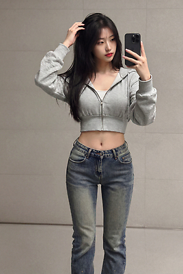 JPG 편집이미지 긴머리 옷 여자 패션 실내 성인 청춘 뷰티 거울 청바지 배꼽티 의료성형뷰티 스타일 편집실사 AI인물포토 AI콘텐츠 헤어스타일 컨셉 바지 사람 내부 CG 파일형식 AI포토 하의