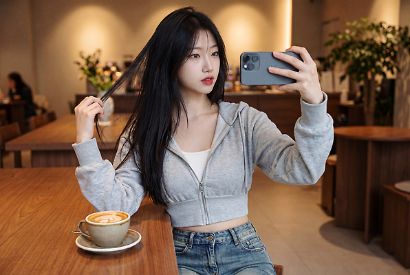 JPG 편집이미지 여자 커피 음료 음식 탁자 실내 성인 청춘 카페 청바지 셀프카메라 배꼽티 소셜미디어 의료성형뷰티 편집실사 AI인물포토 AI콘텐츠 가구 컨셉 바지 사람 내부 상점 사진촬영 CG 파일형식 AI포토 생활용품 하의 촬영 옷 오브젝트
