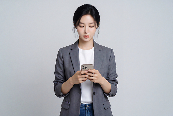 JPG 편집이미지 직업 여자 회색배경 기술 정장 성인 스마트폰 사무실 스크린 비즈니스우먼 집중 의료성형뷰티 편집실사 AI인물포토 AI콘텐츠 옷 백그라운드 컨셉 비즈니스 사람 핸드폰 스마트기기 회색 직장인 CG 파일형식 AI포토 컬러 전자제품