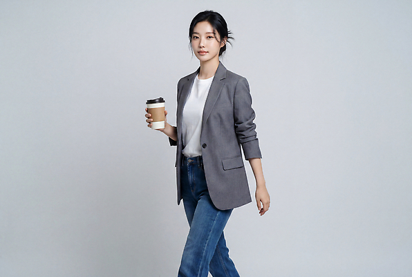 JPG 모델 편집이미지 옷 여자 패션 커피 음료 정장 성인 일상 걷기 촬영 청바지 비즈니스우먼 의료성형뷰티 스타일 편집실사 AI인물포토 AI콘텐츠 비즈니스 바지 모션 사람 라이프 직장인 CG 파일형식 AI포토 직업 하의 생활