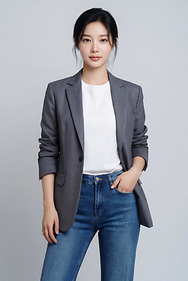 JPG 모델 편집이미지 옷 여자 패션 포즈 스튜디오 미소 정장 성인 촬영 재킷 청바지 비즈니스우먼 의료성형뷰티 스타일 편집실사 AI인물포토 AI콘텐츠 비즈니스 바지 표정 사람 외투 직장인 CG 파일형식 AI포토 직업 상의 하의