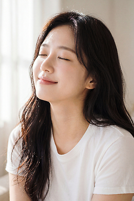 JPG 편집이미지 여자 행복 실내 미소 앉기 성인 햇빛 눈감음 편안함 피부 의료성형뷰티 편집실사 AI인물포토 AI콘텐츠 감정 모션 표정 사람 내부 신체부위 빛 감각 CG 파일형식 AI포토