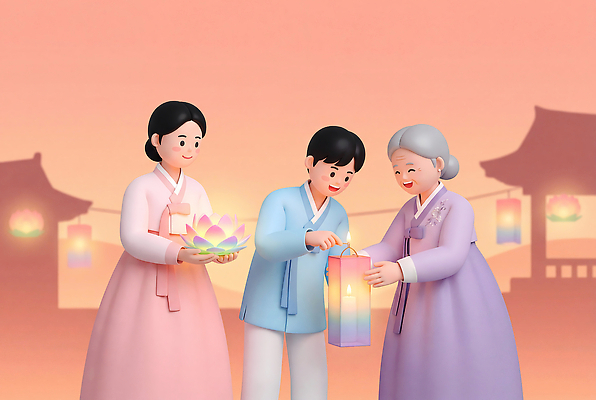 PSD 편집이미지 전통 여자 노년 문화 가족 연꽃 대화 세명 노을 부처님오신날 저녁 한복 연등 편집3D 자연요소 한국전통 기념일 꽃 관계 말하기 사람 성인 3D 등불 밤 야간 전통의상 불교용품 파일형식