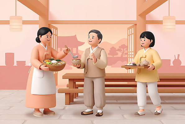 PSD 편집이미지 전통 그릇 접시 음식 가족 한국 요리 사람 식사 부처님오신날 준비 편집3D 식기 기념일 아시아 관계 3D 파일형식 나라 이벤트 디지털합성
