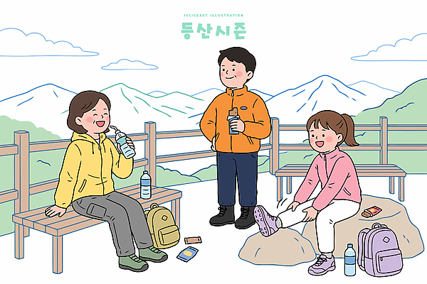 음료 벤치 일러스트 배낭 자연 산 성인 여름 친구 야외활동 등산 하이킹 물병 등산복 쉬는시간 국내일러스트 AI파일 옷 계절 의자 가방 관계 레저 휴식 사람 트래킹 물통 생태계 파일형식 벡터