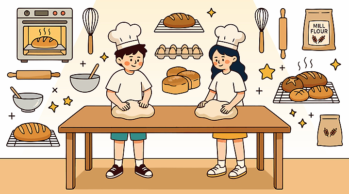 빵 일러스트 재료 주방용품 주방 요리사 도구 작업 오븐 즐거움 반죽 만들기 밀가루 제빵 원데이클래스 국내일러스트 AI파일 직업 감정 음식 생활용품 모션 제과제빵 가전제품 가루 클래스 파일형식 벡터