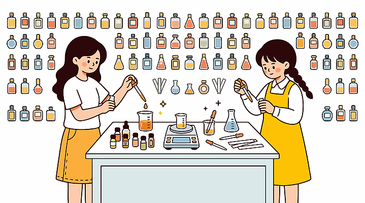 일러스트 실험 저울 두명 컵 도구 작업 화학 혼합 향수 비커 만들기 아로마 원데이클래스 국내일러스트 AI파일 식기 과학 모션 실험기구 사람 화장품 클래스 파일형식 벡터