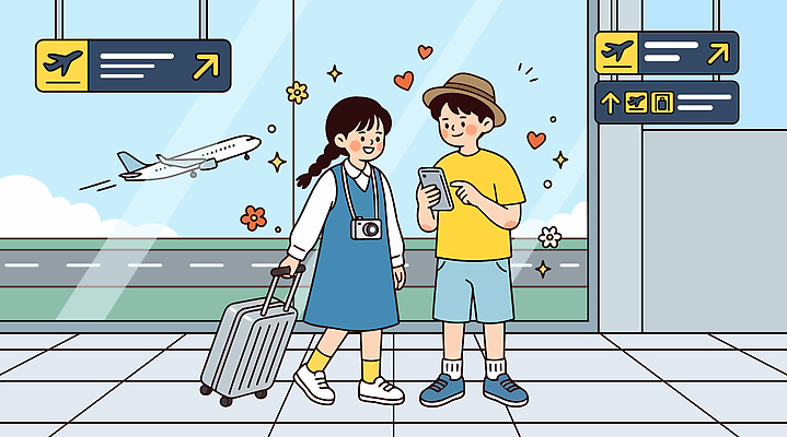 커플 여행 일러스트 비행기 대화 친구 스마트폰 짐 공항 즐거움 여행준비 국내일러스트 AI파일 감정 관계 항공교통 교통시설 대중교통 말하기 핸드폰 스마트기기 준비 파일형식 벡터