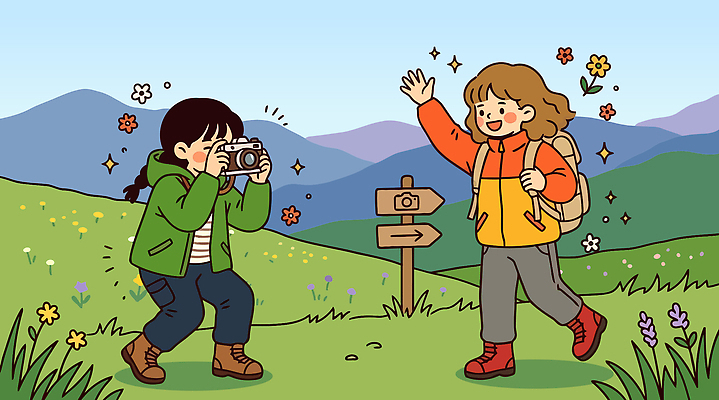 꽃 여행 일러스트 배낭 자연 산 웃음 초원 야외 두명 친구 카메라 사진촬영 하이킹 인사 즐거움 찍기 국내일러스트 AI파일 식물 감정 가방 관계 모션 레저 표정 사람 전자제품 촬영 예절 생태계 파일형식 벡터