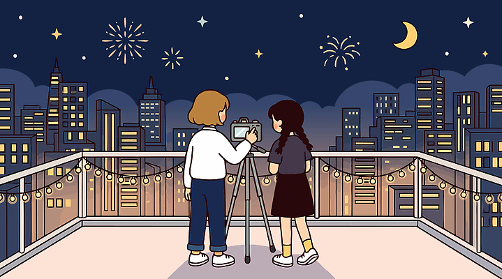 여행 야경 일러스트 하늘 불꽃놀이 사람 풍경 이벤트 친구 카메라 촬영 고층빌딩 발코니 도시 밤 즐거움 삼각대 국내일러스트 AI파일 감정 관계 놀이 빌딩 전자제품 야간 파일형식 벡터