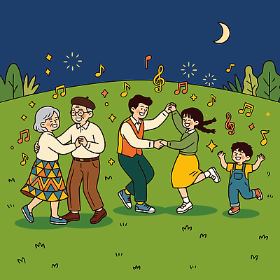 할아버지 할머니 어린이 음악 일러스트 가족 엄마 웃음 여러명 야외 파티 축제 콘서트 달 춤 아빠 밤 즐거움 재즈 국내일러스트 AI파일 자연요소 여자 노년 남자 감정 다수 관계 문화예술 표정 사람 이벤트 공연 파일형식 벡터