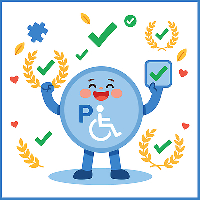 캐릭터 일러스트 웃음 기쁨 주차 장애인 심볼 체크 월계관 인증 장애인주차구역 국내일러스트 AI파일 감정 컨셉 표정 장애 파일형식 벡터