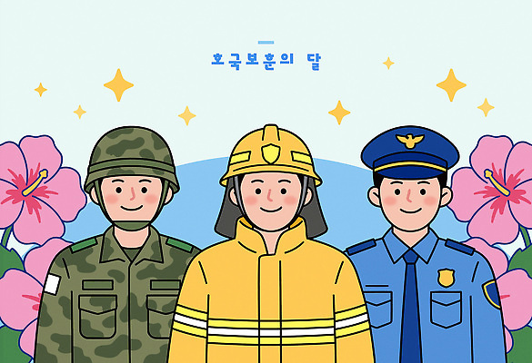 직업 꽃 일러스트 사람 세명 군인 경찰 소방관 무궁화 호국보훈의달 국내일러스트 AI파일 식물 6월 구조원 소방 국군 파일형식 벡터
