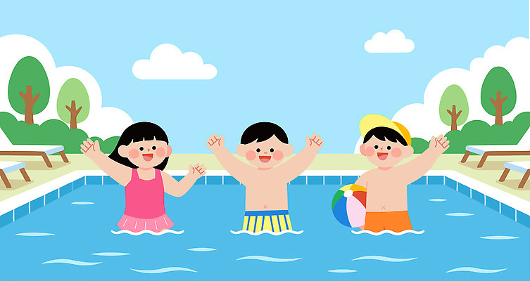 나무 수영복 어린이 의자 일러스트 물놀이 하늘 수영장 웃음 여름 친구 수영 즐거움 놀기 국내일러스트 AI파일 식물 옷 계절 감정 가구 관계 모션 놀이 표정 사람 수상스포츠 파일형식 벡터