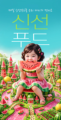 PSD 편집이미지 행복 어린이 음식 과일 수박 여름 신선 먹기 그림 이미지편집 계절 감정 모션 사람 파일형식