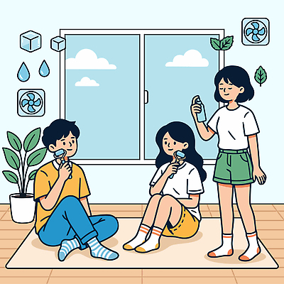 계절 관계 모션 표정 말하기 내부 감각 파일형식 벡터 친구 거실 대화 앉기 방 창문 하늘 식물 여름 편안함 실내 시원함 웃음 방안 국내일러스트 일러스트 AI파일 사람