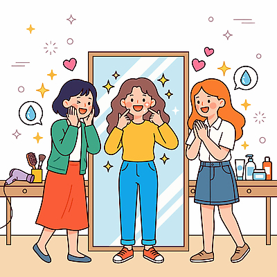 행복 감정 일러스트 표정 미소 웃음 사람 일상 친구 뷰티 화장품 거울 방 즐거움 오브젝트 스타일 국내일러스트 AI파일 관계 라이프 파일형식 벡터 생활