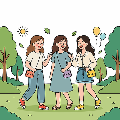 식물 잡화 계절 공공시설 감정 관계 모션 표정 빛 생태계 파일형식 벡터 친구 공원 이야기 걷기 햇빛 나무 초원 웃음 여름 즐거움 자연 잎 가방 국내일러스트 일러스트 AI파일 뷰티 사람