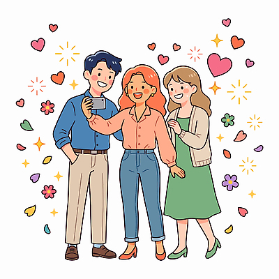 모양 식물 감정 컨셉 관계 표정 핸드폰 스마트기기 사진촬영 파일형식 벡터 친구 셀프카메라 스마트폰 꽃 하트 즐거움 만남 웃음 국내일러스트 일러스트 AI파일 뷰티 사람