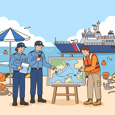 바다 컨셉 수상교통 교통시설 안전 배 경찰 보호 선박 파일형식 벡터 해양경찰 선원 해변 지도 경로 항구 항해 경비 소통 작업 협력 지역 국내일러스트 일러스트 AI파일 구출 사람