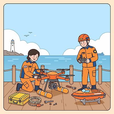 직업 모션 풍경 배 선박 파일형식 벡터 구조원 드론 연습 바다 등대 보트 장비 점검 운전 물가 안전 구출 협력 기술 국내일러스트 일러스트 AI파일 사람