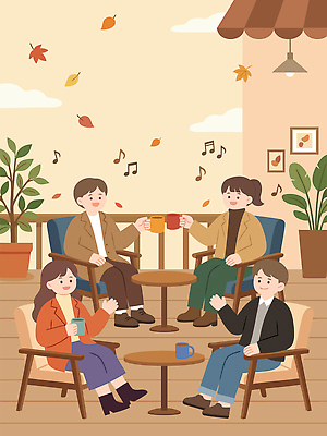 식물 여유 커피 음악 잎 일러스트 탁자 대화 친구 모임 그룹 편안함 즐거움 소통 국내일러스트 AI파일 감정 음료 가구 컨셉 관계 문화예술 말하기 감각 파일형식 벡터