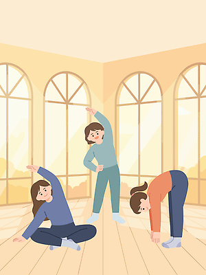 포즈 일러스트 창문 실내 건강 사람 친구 운동복 운동 스트레칭 그룹 유연 체조 국내일러스트 AI파일 옷 관계 내부 파일형식 벡터