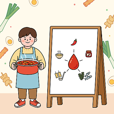 어린이 한식 채소 일러스트 재료 고추 요리 소년 계란 소스 맛 냄비 어묵 떡볶이 레시피 국물 국내일러스트 AI파일 남자 음식 컨셉 사람 알 양념 솥 분식 파일형식 벡터
