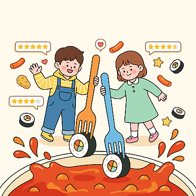 별 음식 포크 말풍선 일러스트 웃음 친구 식사 소스 떡볶이 분식 먹기 즐거움 김밥 국내일러스트 AI파일 자연요소 식기 감정 관계 모션 표정 양념 파일형식 벡터