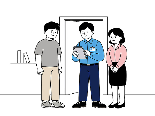 여자 남자 일러스트 친절 대화 태블릿 정보 업무 질문 직원 상담 방문 소통 답변 청소업체 국내일러스트 AI파일 컨셉 말하기 사람 전자제품 스마트기기 작업 파일형식 벡터 모션