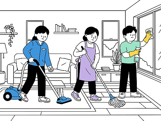 여자 남자 일러스트 창문 바닥 실내 사람 작업 위생 청소도구 청소 정리 청소기 닦기 대걸레 청소업체 국내일러스트 AI파일 모션 내부 전자제품 도구 파일형식 벡터