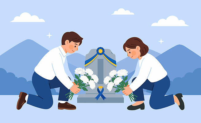 여자 남자 꽃 꽃다발 일러스트 하늘 산 국화 무덤 무릎 조용 추모 호국보훈의달 국내일러스트 AI파일 식물 사람 신체부위 6월 파일형식 벡터 날짜