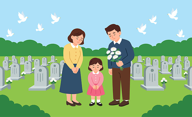꽃 어린이 일러스트 가족 자연 국화 부모 평화 슬픔 기도 무덤 추억 비석 조용 그리움 추모 호국보훈의달 국내일러스트 AI파일 식물 감정 컨셉 관계 사람 6월 생태계 파일형식 벡터 날짜