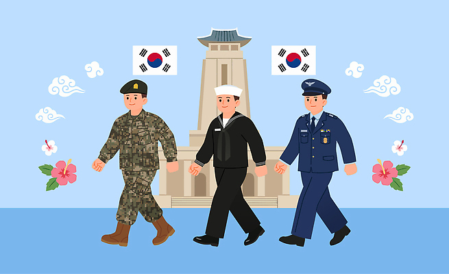 직업 건축물 꽃 아시아 유니폼 모션 군대 국기 6월 국군 파일형식 벡터 태극기 무궁화 군인 한국 군복 육군 해군 공군 걷기 건물 상징 동행 이미지 AI파일 일러스트 국내일러스트 호국보훈의달 사람