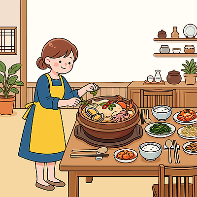 전통 여자 음식 채소 일러스트 탁자 밥 반찬 요리 여름 주방 식사 해산물 나물 보양식 국내일러스트 AI파일 계절 가구 사람 몸보신 파일형식 벡터