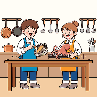 여자 남자 음식 일러스트 재료 탁자 주방용품 요리 사람 여름 주방 요리사 도구 냄비 조리대 문어 보양식 손질 국내일러스트 AI파일 직업 계절 가구 생활용품 연체동물 수중동물 솥 몸보신 파일형식 벡터