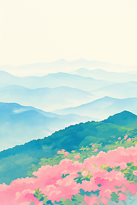 JPG 식물 꽃 분홍색 꽃밭 일러스트 자연 산 풍경 여름 봄 철쭉 국내일러스트 AI일러스트 AI콘텐츠 계절 컬러 생태계 파일형식