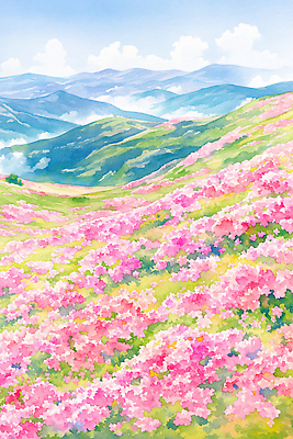 JPG 꽃 분홍색 꽃밭 일러스트 자연 산 풍경 봄 철쭉 풍경화 국내일러스트 AI일러스트 AI콘텐츠 식물 계절 컬러 그림 생태계 파일형식