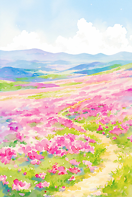 JPG 꽃 길 분홍색 꽃밭 일러스트 자연 산 풍경 봄 철쭉 국내일러스트 AI일러스트 AI콘텐츠 식물 계절 컬러 생태계 파일형식