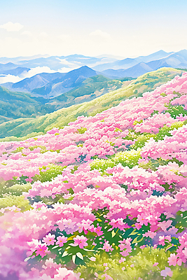 JPG 식물 꽃 분홍색 꽃밭 일러스트 자연 산 풍경 봄 철쭉 국내일러스트 AI일러스트 AI콘텐츠 계절 컬러 생태계 파일형식
